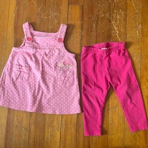 Pink tank dress with white polka-dots and embroidered flowers. 9 months